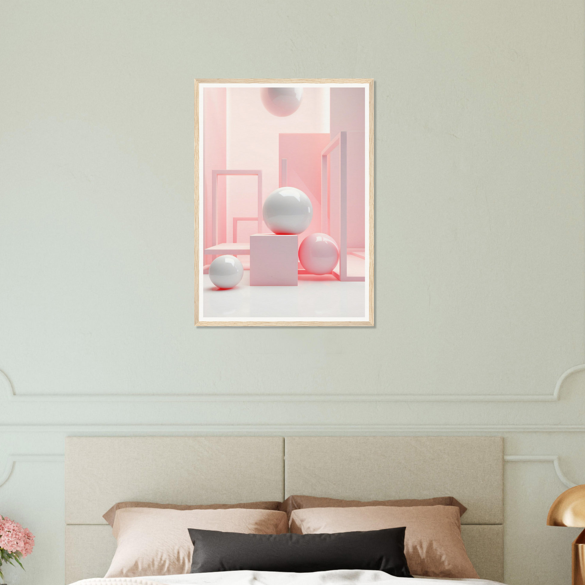 A pink bedroom with a bed and a framed photograph