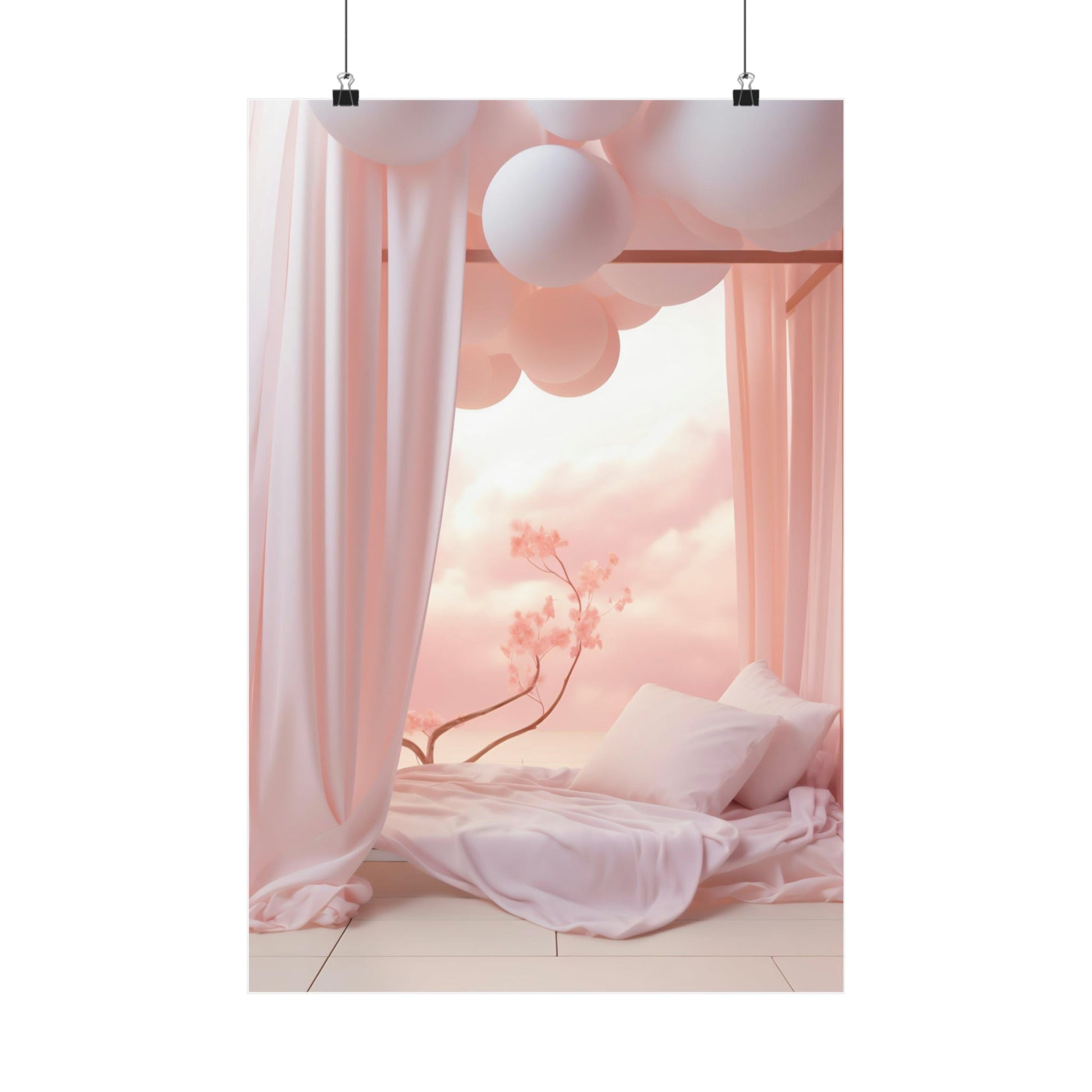 A pink bedroom with balloons hanging from the ceiling is a perfect space to transform your space into a whimsical and artistic haven. Additionally, you can enhance the ambiance by adding a A3 - VERTICAL FUTURE™ Lux Matte Poster Collection for my wall featuring.