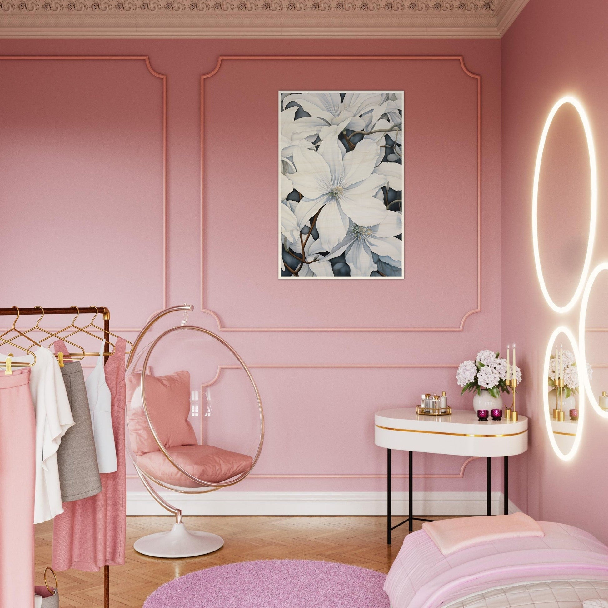 A pink bedroom with a hanging chair and a mirror