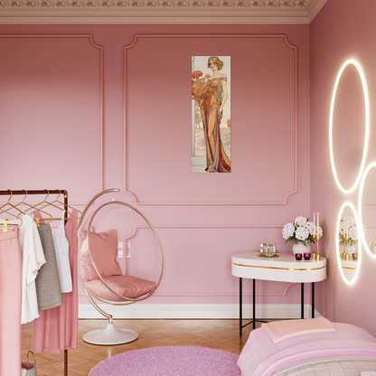 A pink bedroom with a hanging chair and a mirror