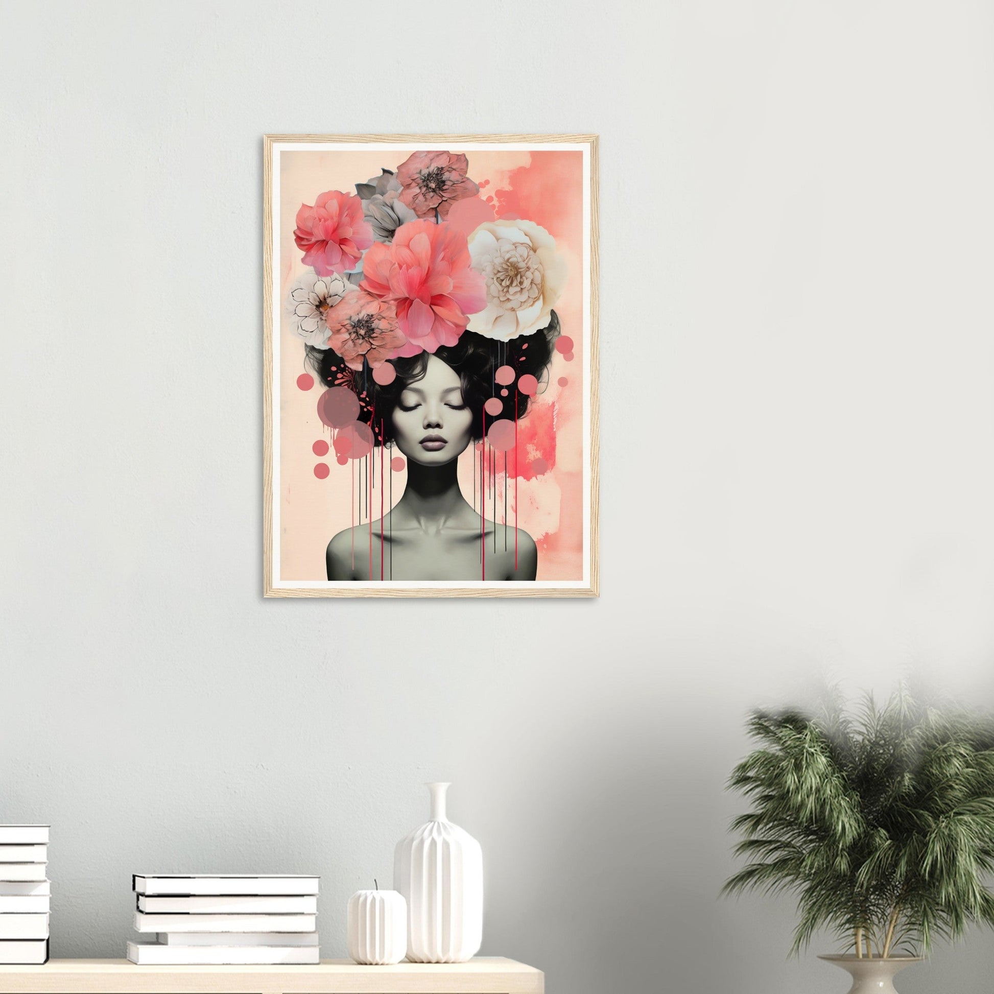 A pink and black abstract painting on a wall