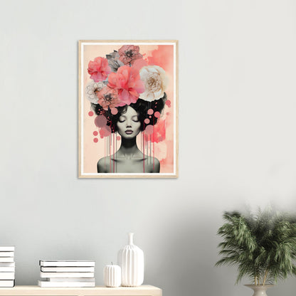 A pink and black abstract painting on a wall