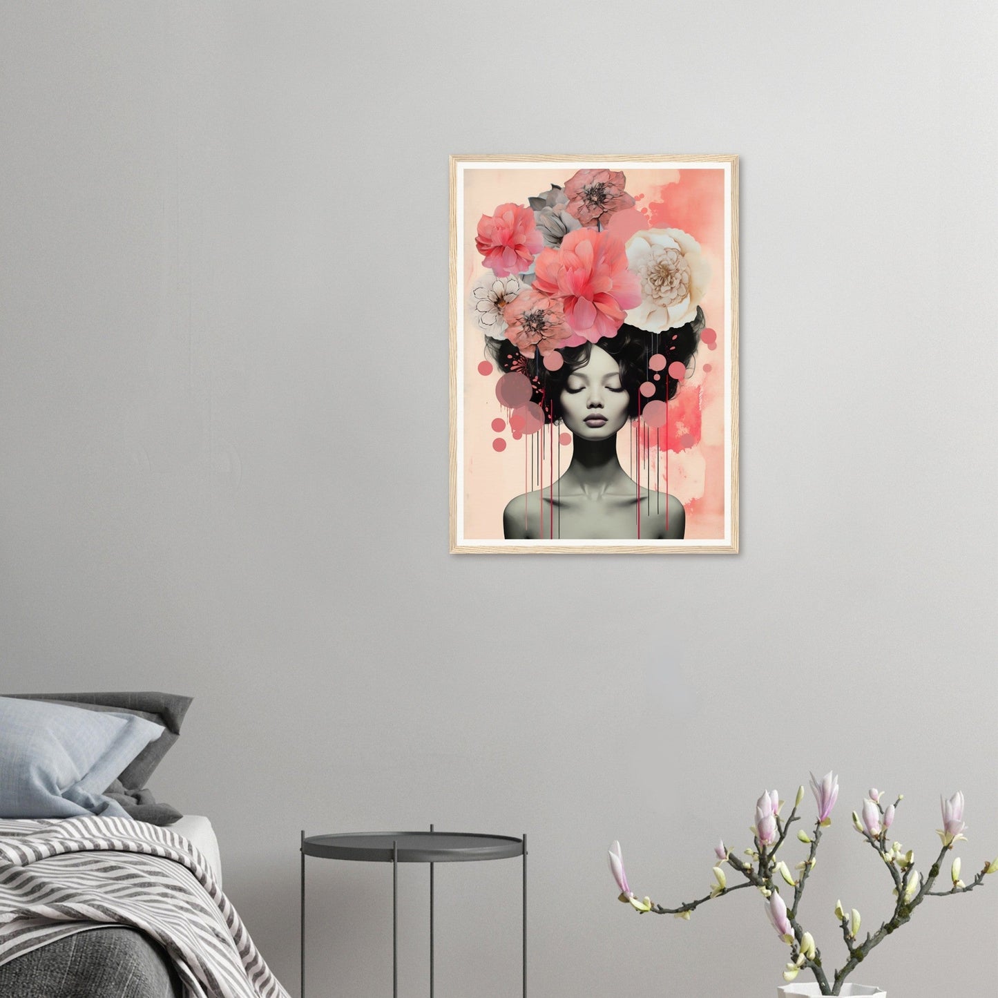 A pink and black abstract painting with a woman’s face surrounded by flowers