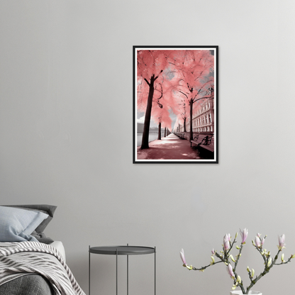 A pink and black painting on a wall