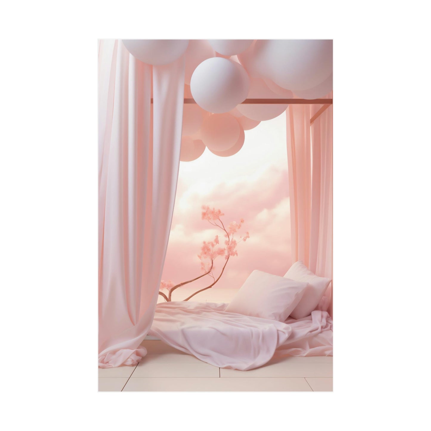 A pink bedroom with balloons hanging from the ceiling is a perfect space to transform your space into a whimsical and artistic haven. Additionally, you can enhance the ambiance by adding a A3 - VERTICAL FUTURE™ Lux Matte Poster Collection for my wall featuring.