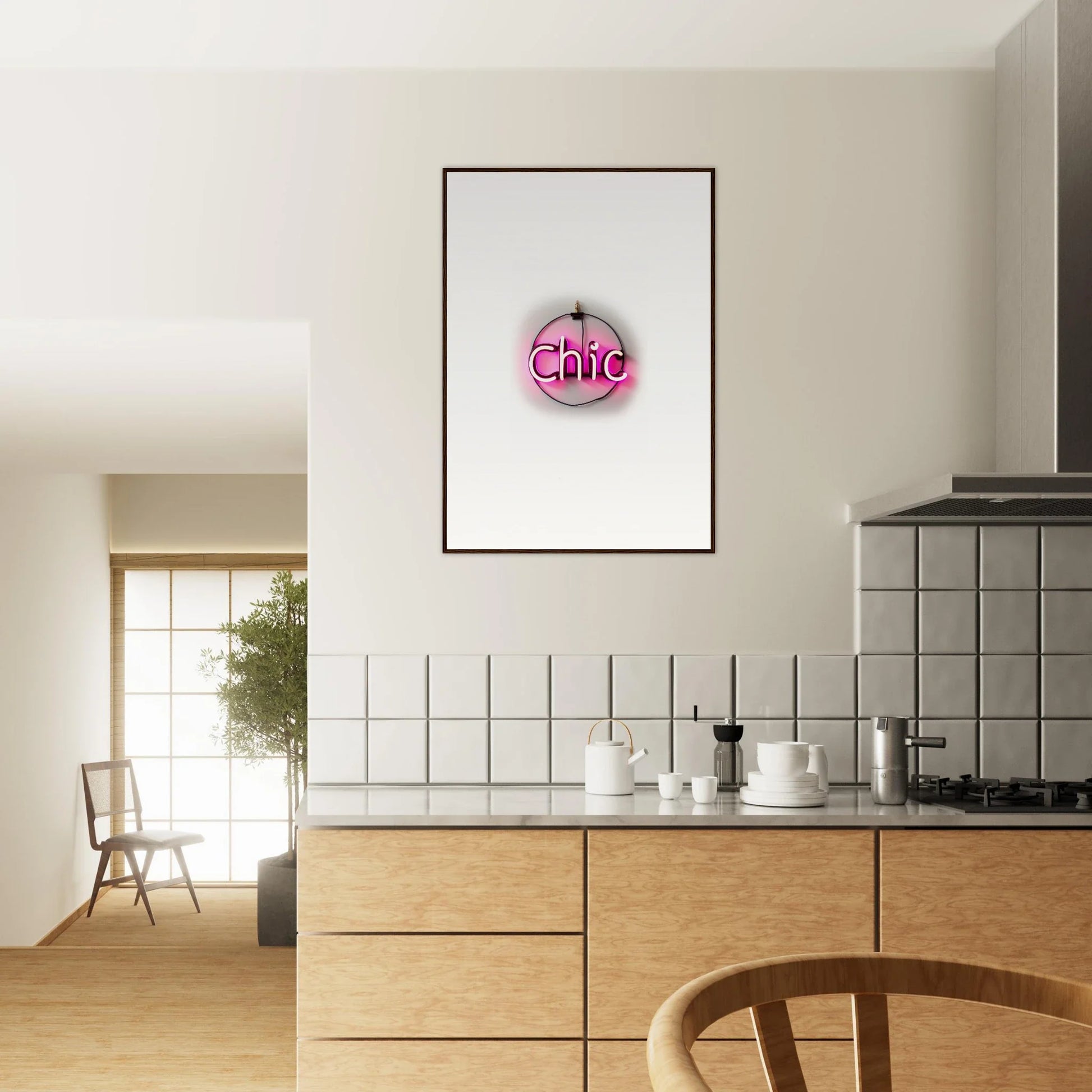 Pink circular framed wall art with the word cute for stylish Espress Plaissant room decor