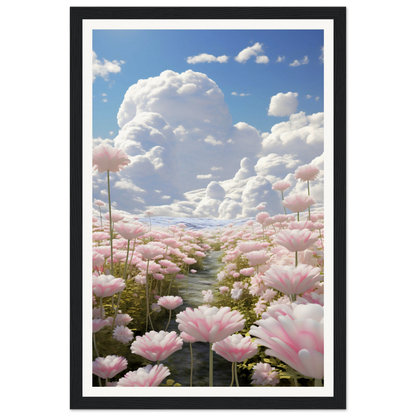 A pink flower field with clouds in the background