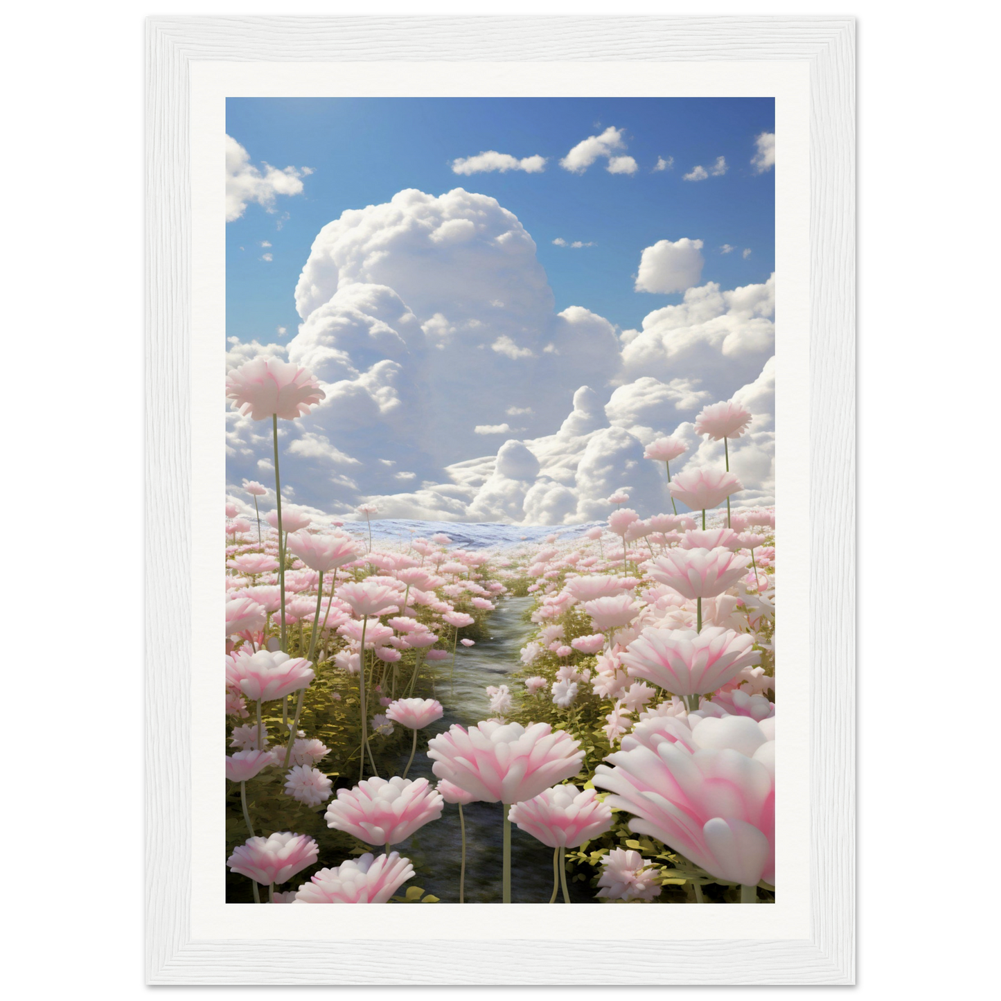 A pink flower field with clouds in the background