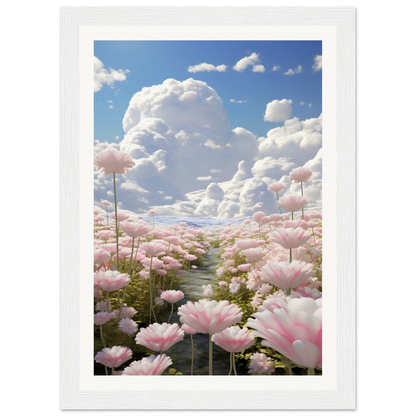 A pink flower field with clouds in the background