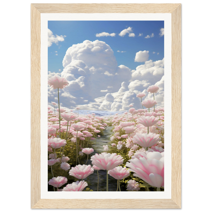 A pink flower field with clouds in the background