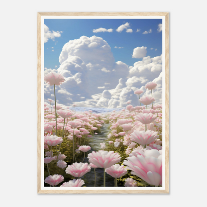 A pink flower field with clouds in the background