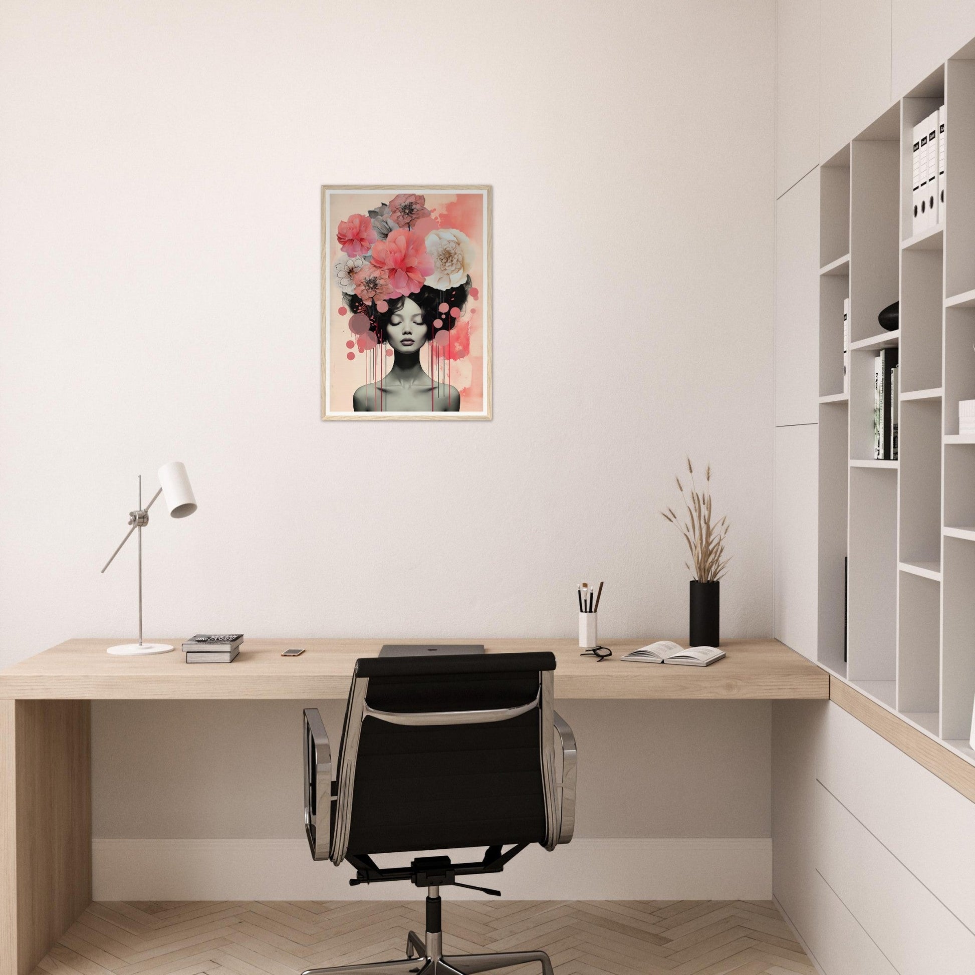 A pink flower in a vase on a desk