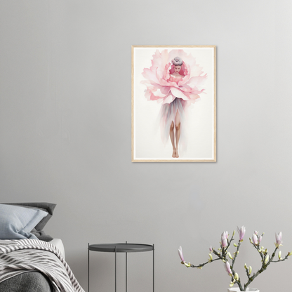 A pink flower in a white frame on a wall