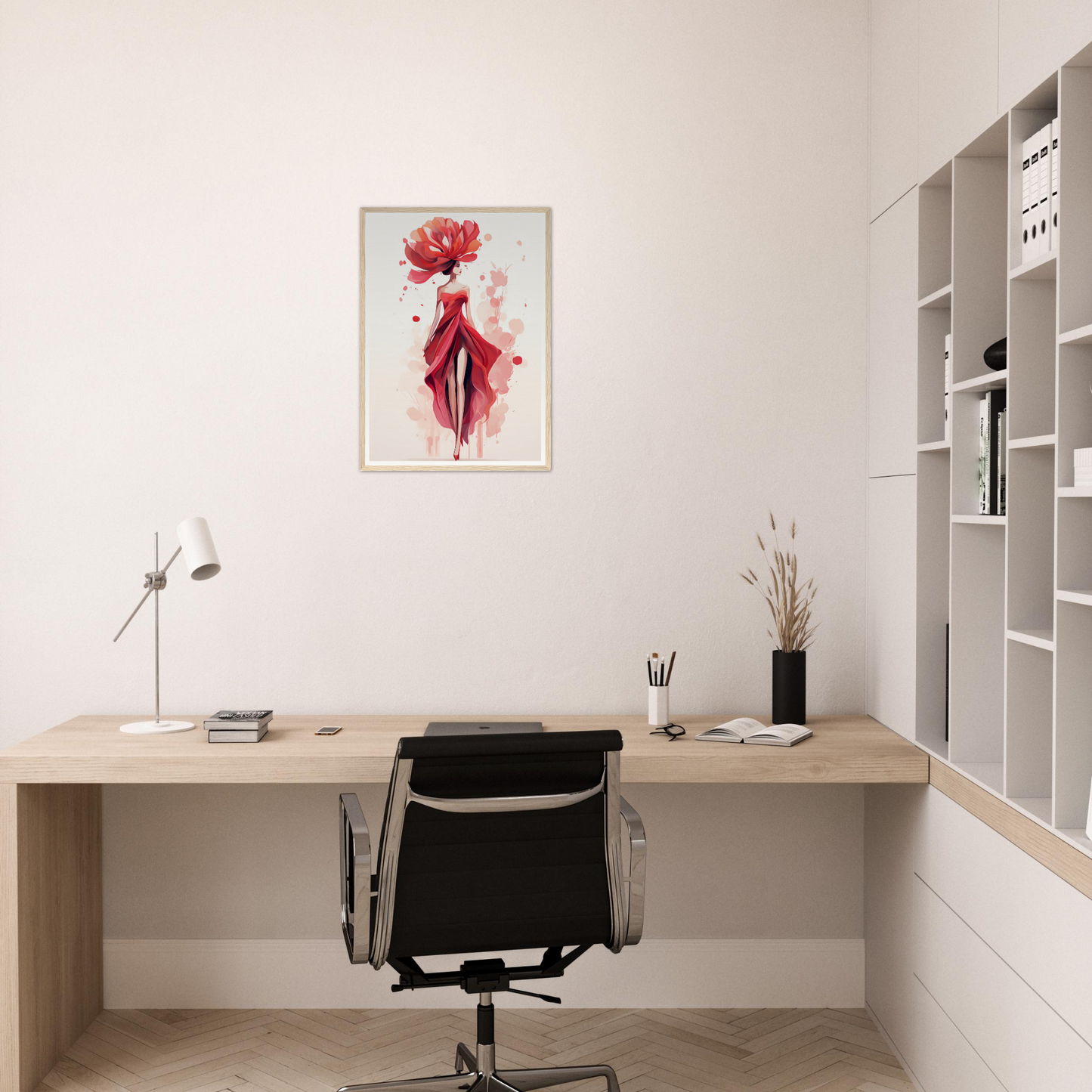 A pink flower on a white wall above a desk