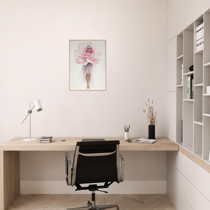 A pink flower on a white wall above a desk