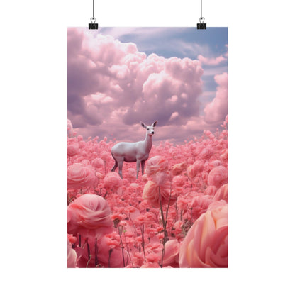 White deer standing amid a field of pink roses.