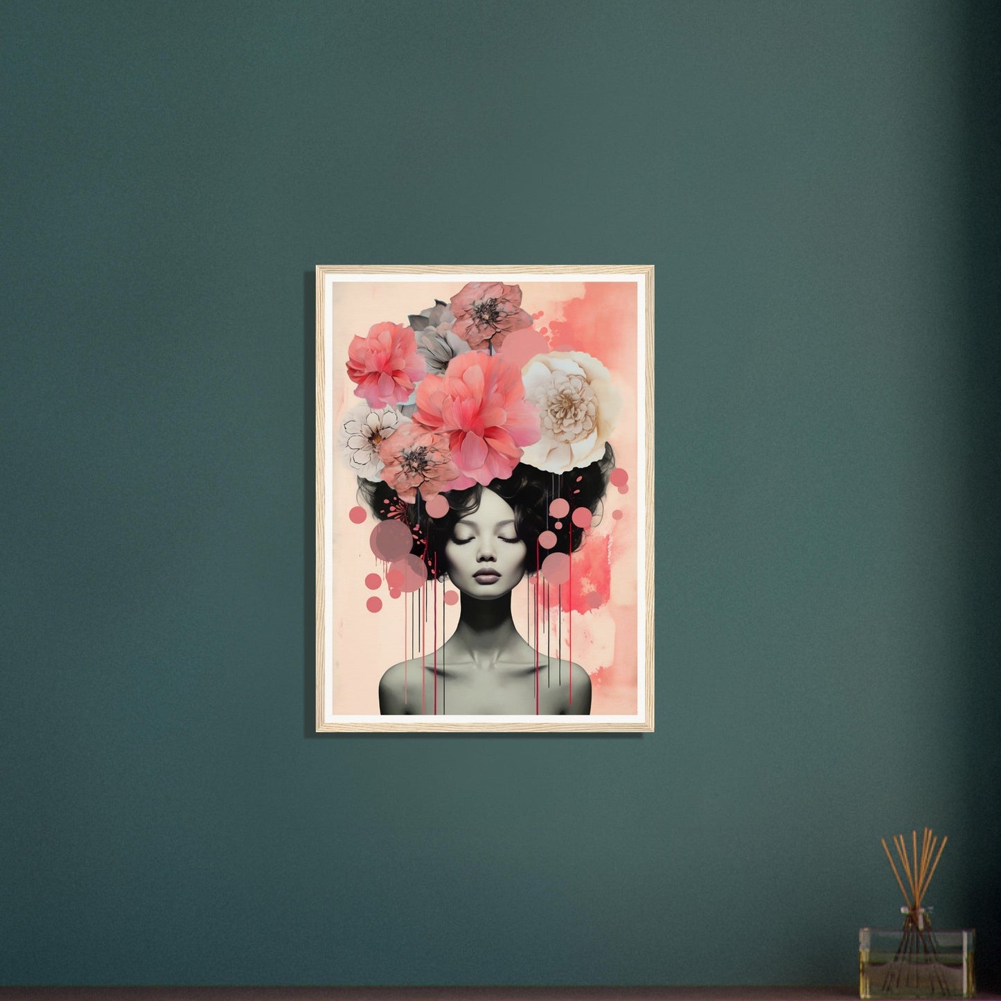 A pink and grey abstract painting with a woman’s face surrounded by flowers