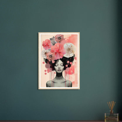 A pink and grey abstract painting with a woman’s face surrounded by flowers