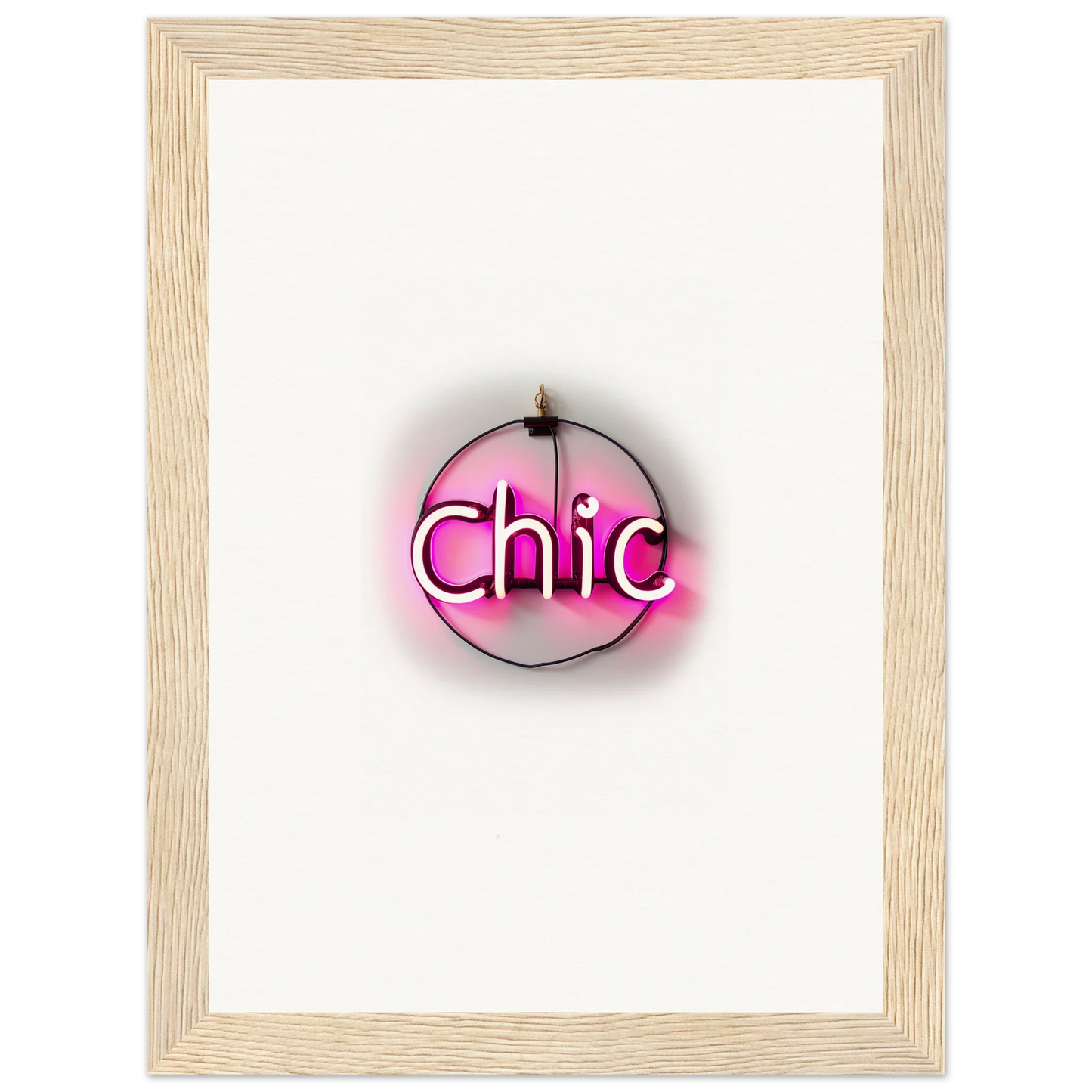 Pink neon Chic sign in a circle, perfect for Esress Plaissant room decor or framed wall art