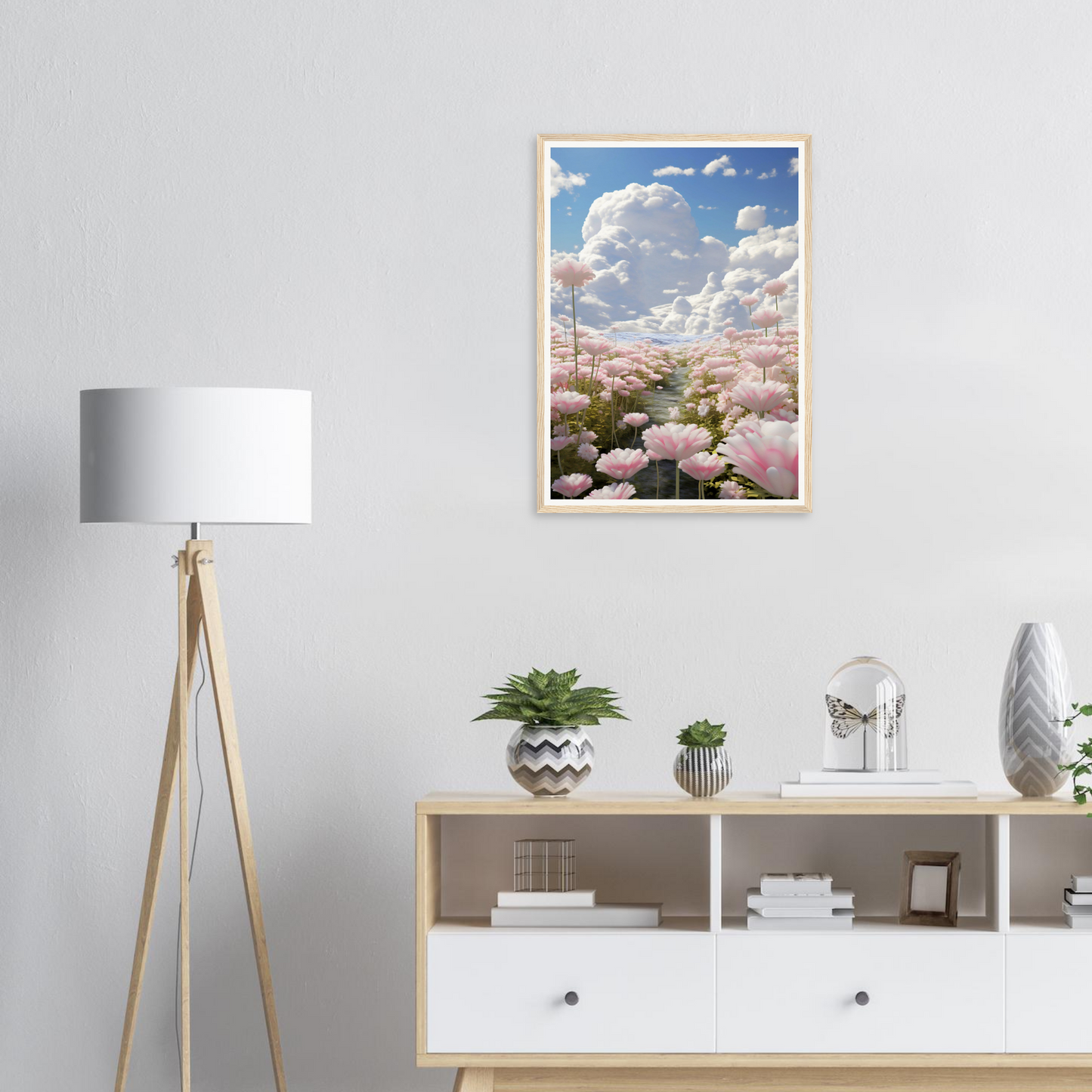 A pink pesoia flower in the sky framed print