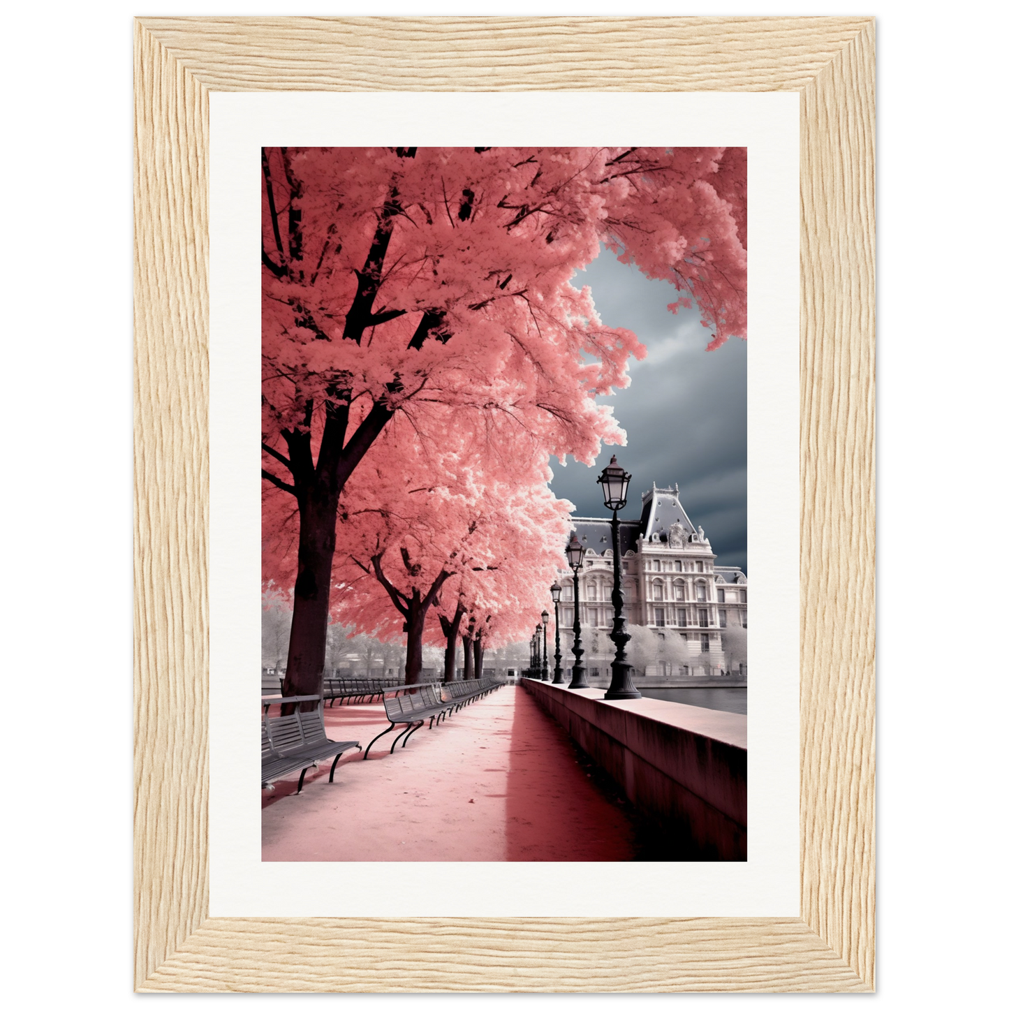Transform your space with Machine's Dream Of Paris D The Oracle Windows™ Collection, a high quality, AI generated art of a pink tree in a park.