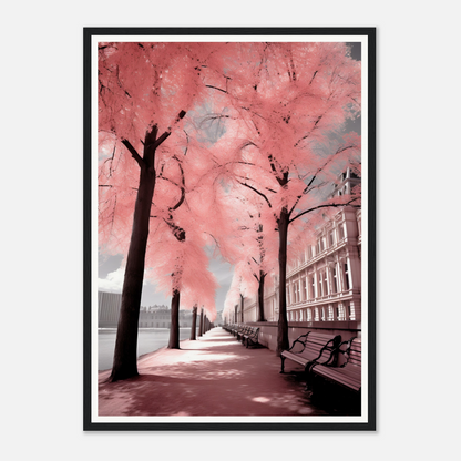 A pink tree in the middle of a city street