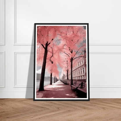 A pink tree in the middle of a city street