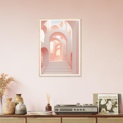 A pink wall with a framed picture of a staircase