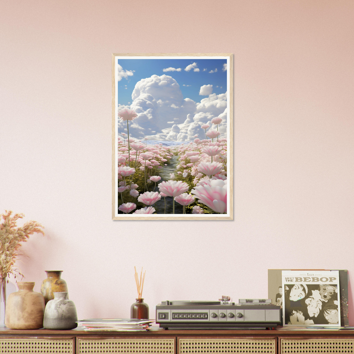 A pink wall with a painting of flowers and clouds