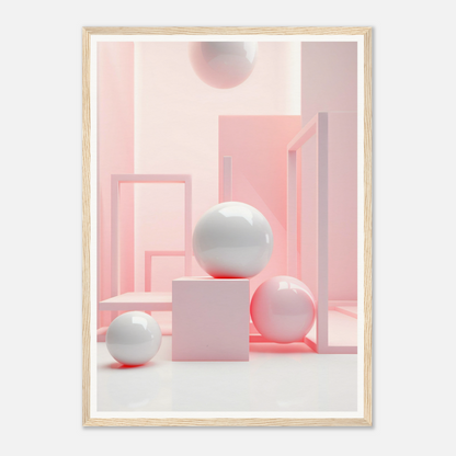 A pink and white abstract art print with a white sphere on top