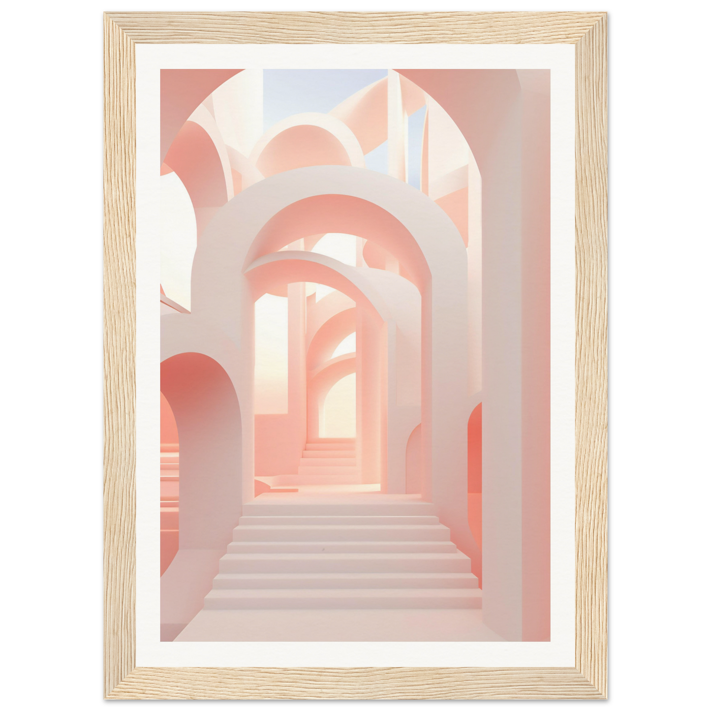 A pink and white abstract painting with a wooden frame