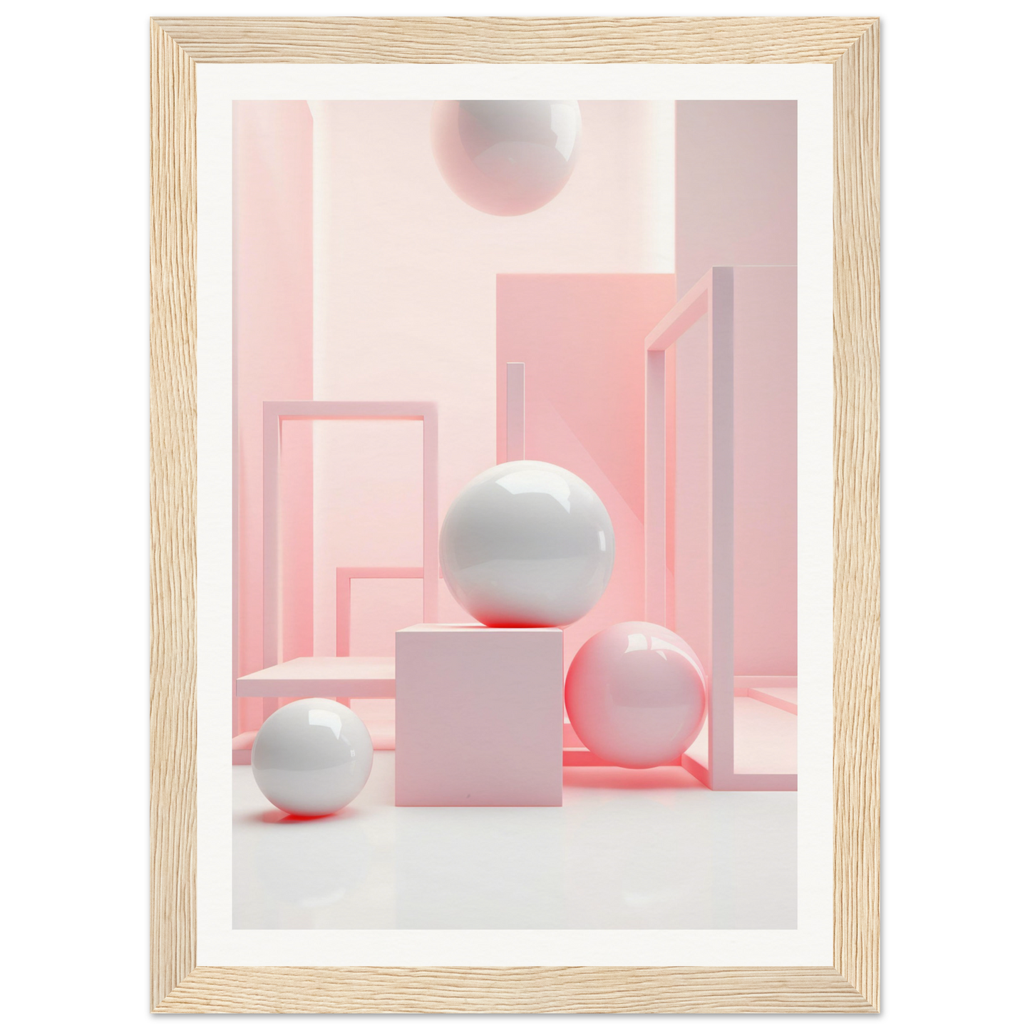 A pink and white abstract painting with a white sphere on the top