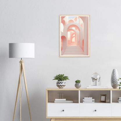 A pink and white abstract painting on a wall