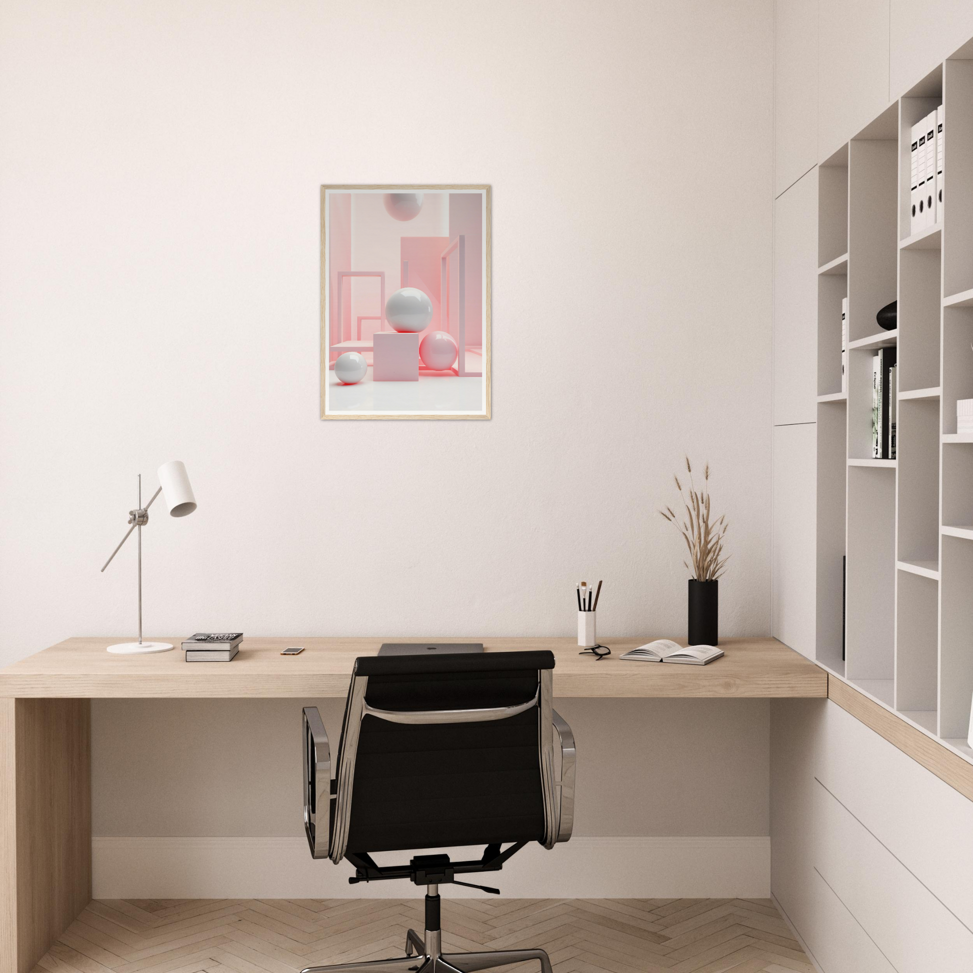 A pink and white abstract painting on a wall above a desk