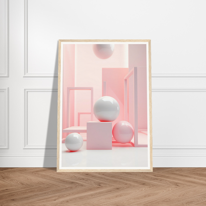 A pink and white abstract painting on a wall