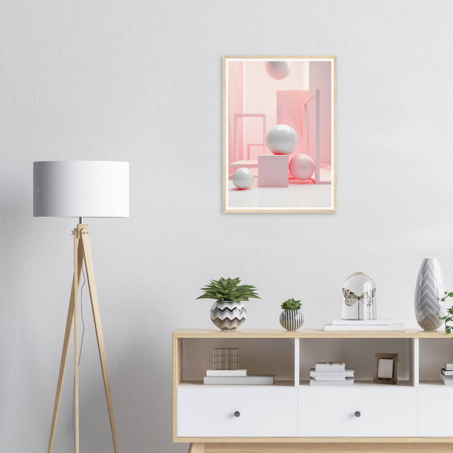 A pink and white abstract painting on a wall