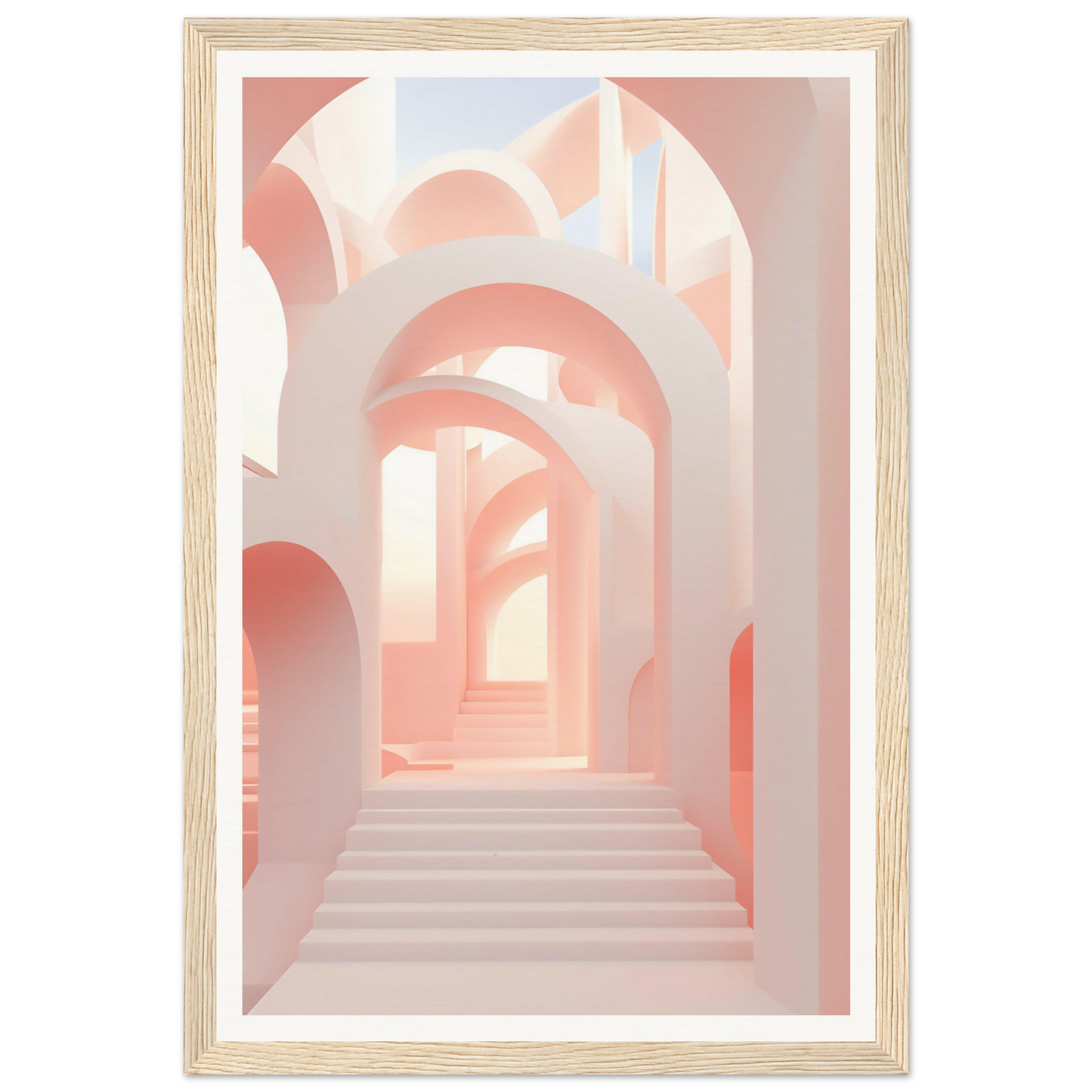 A pink and white print with a staircase leading up to the top of the stairs