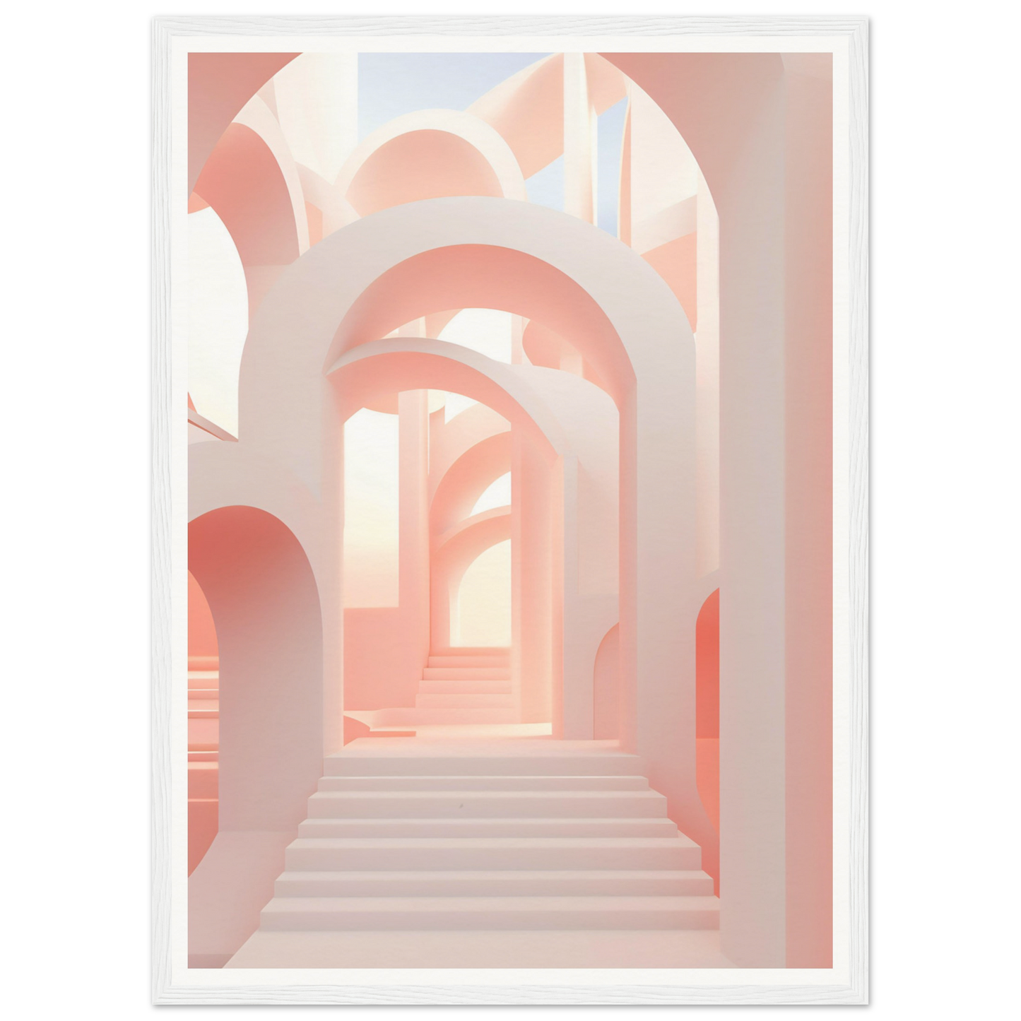 A pink and white print with a staircase leading up to the sky