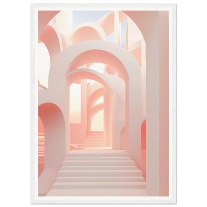 A pink and white print with a staircase leading up to the sky