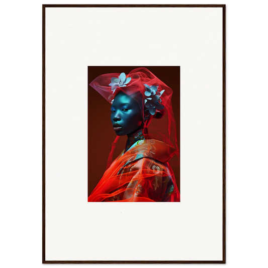 Portrait of figure with blue skin in red headdress, perfect for Orchid Blaze room decor