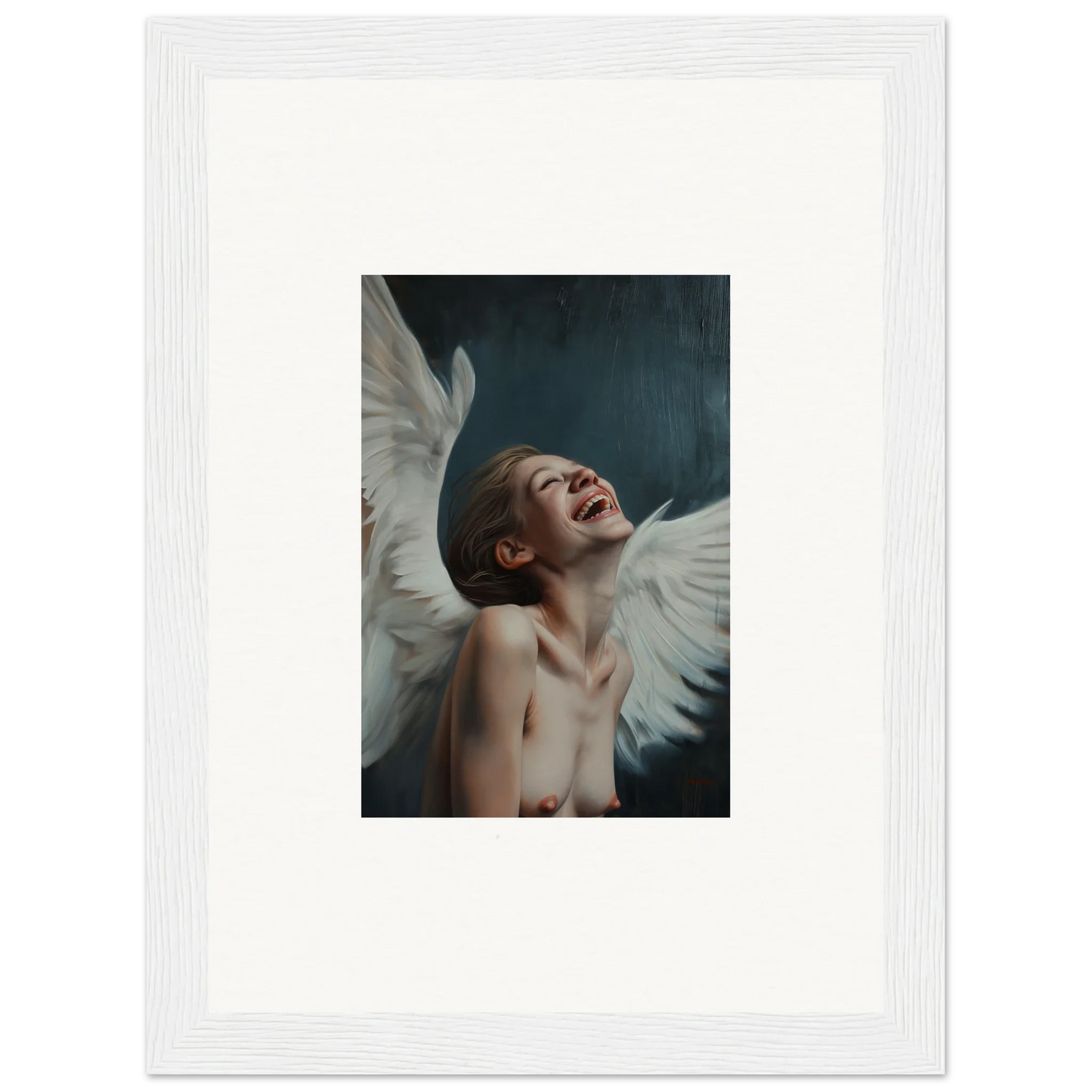 Laughing figure with white wings for wing time themed room decor framed wall art