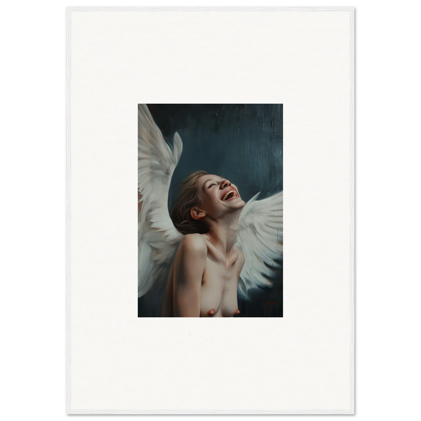 Portrait of a figure with white wings in an ecstatic pose for stunning room decor