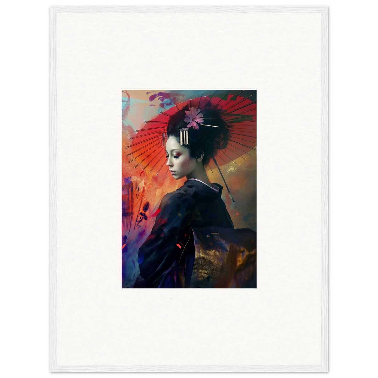 Portrait of a geisha with elegant hairstyle in a vibrant Silken Realm wall art