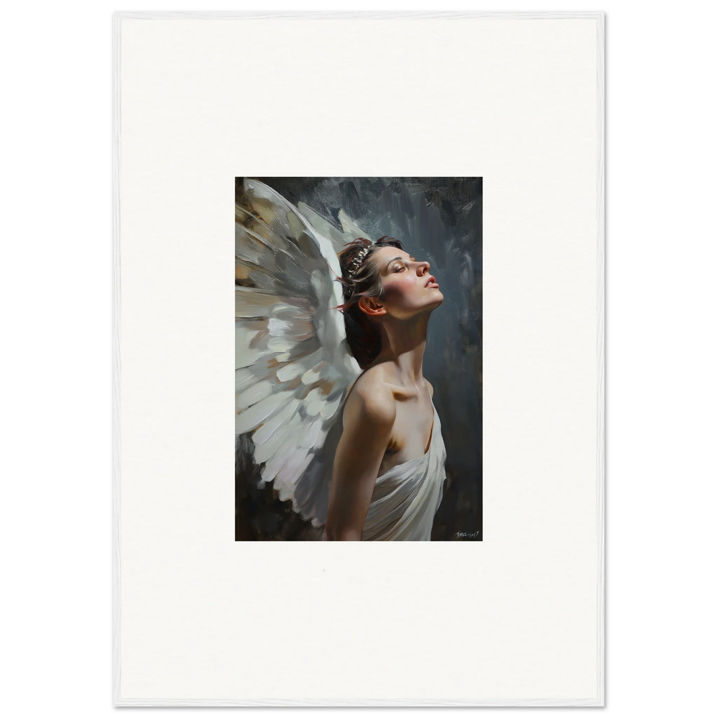 Portrait of a figure with white wings in a contemplative pose for light orchard room decor