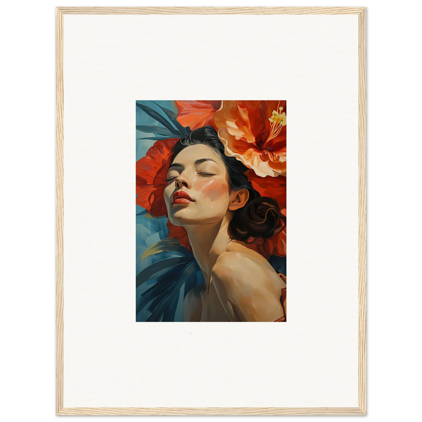 Portrait of a woman in closed eyes, framed wall art with petal palpitation design