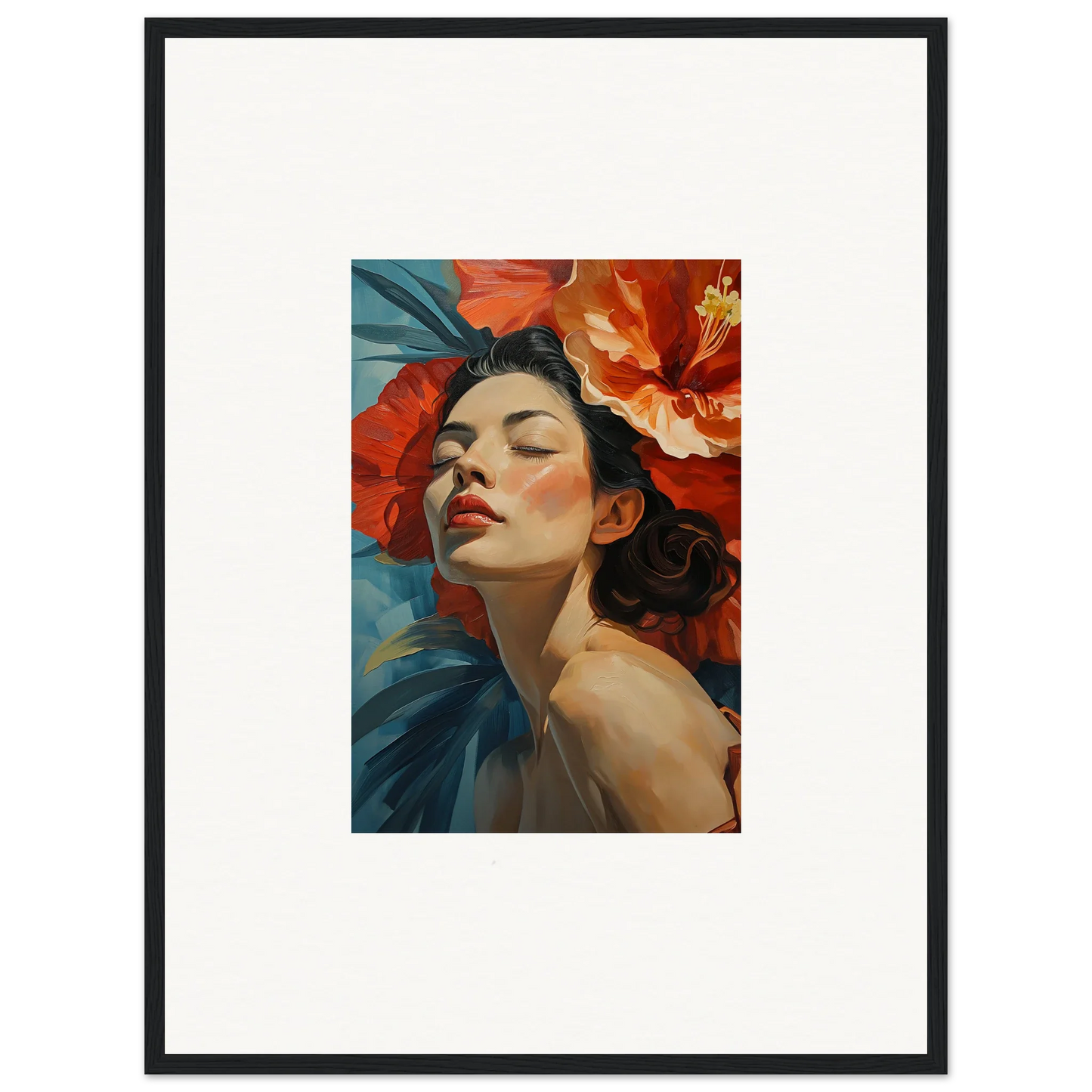 Portrait painting of a woman with red flowers, perfect for petal palpitation room decor