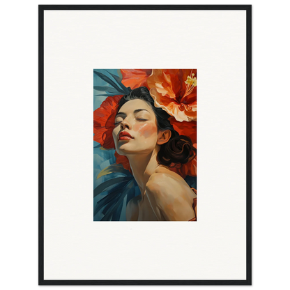 Portrait painting of a woman with red flowers, perfect for petal palpitation room decor