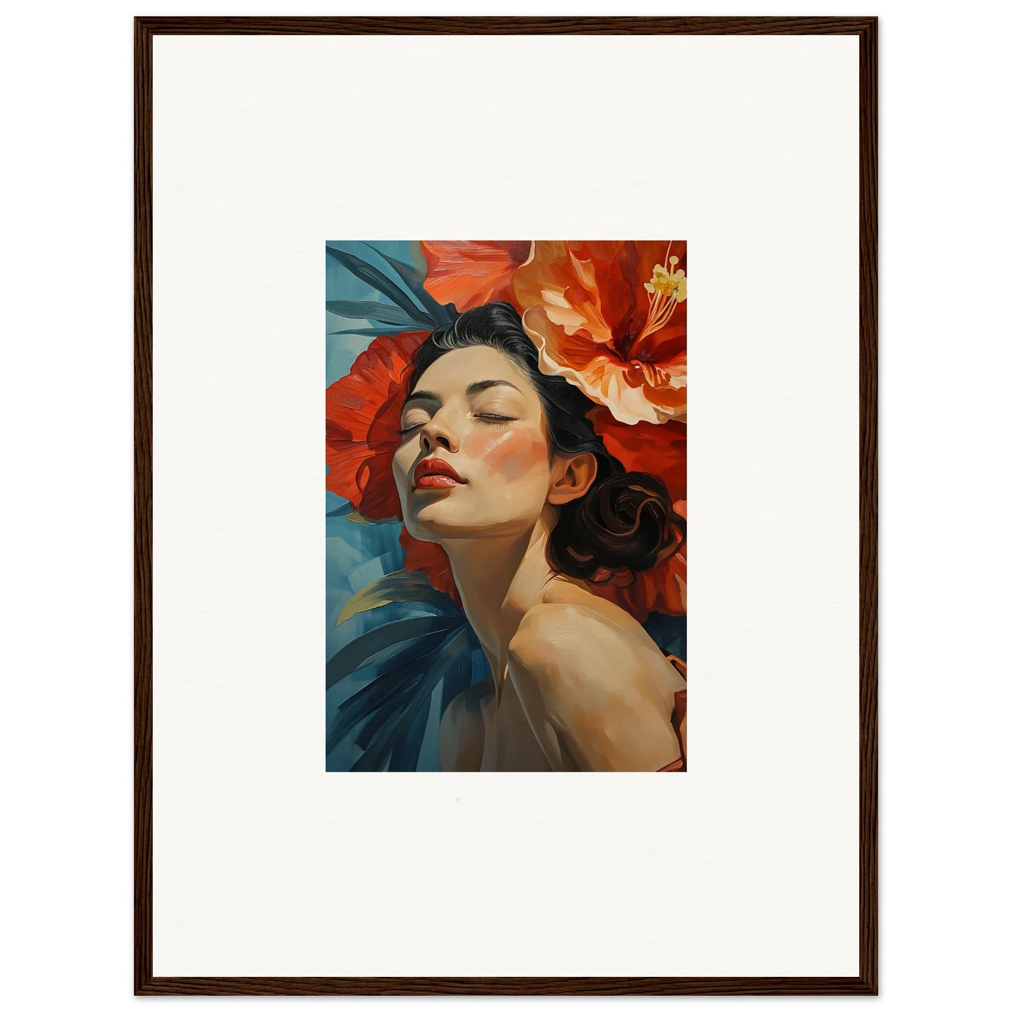 Portrait painting of a woman with red flowers for vibrant petal palpitation room decor