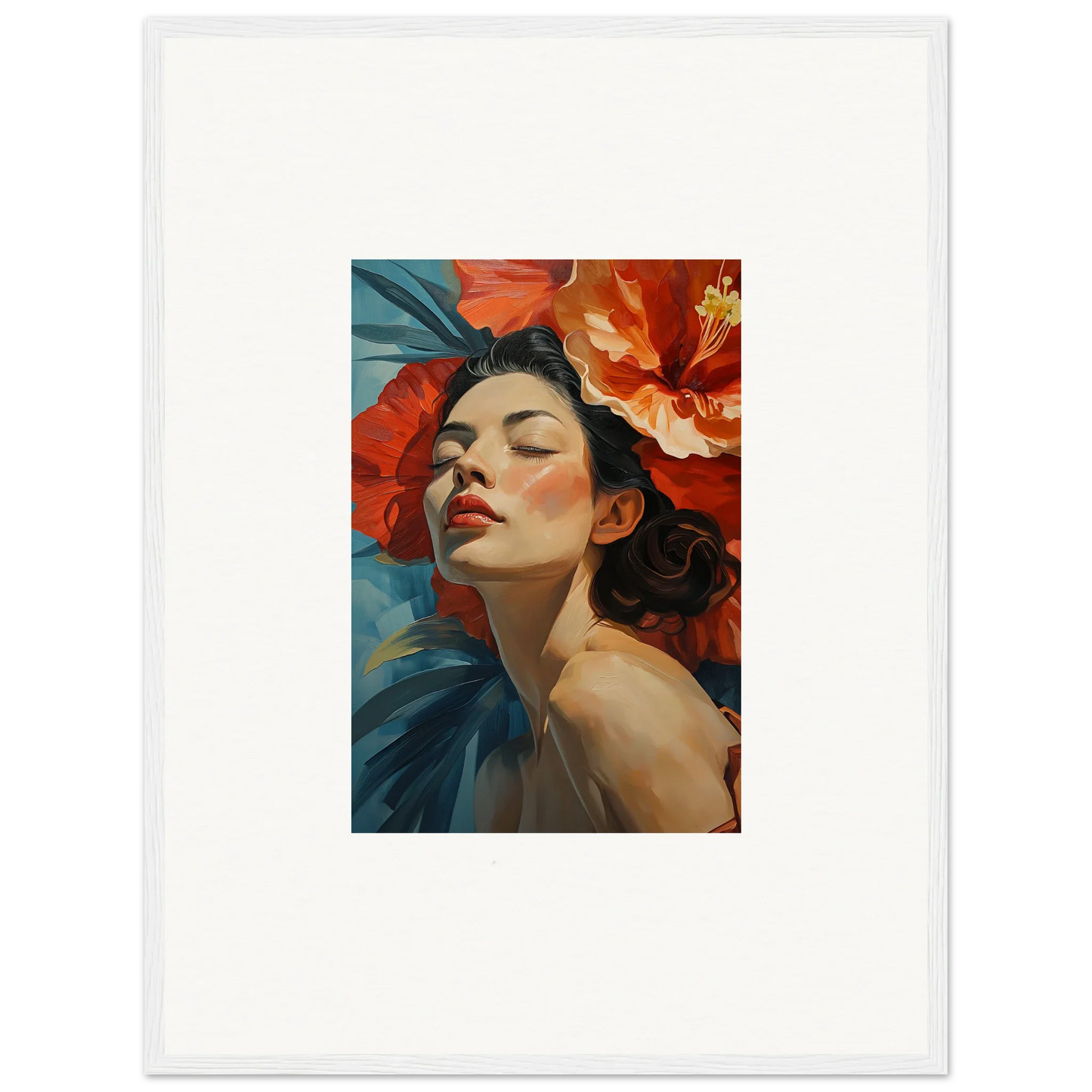 Portrait of a woman adorned with red flowers, perfect for room decor and framed wall art