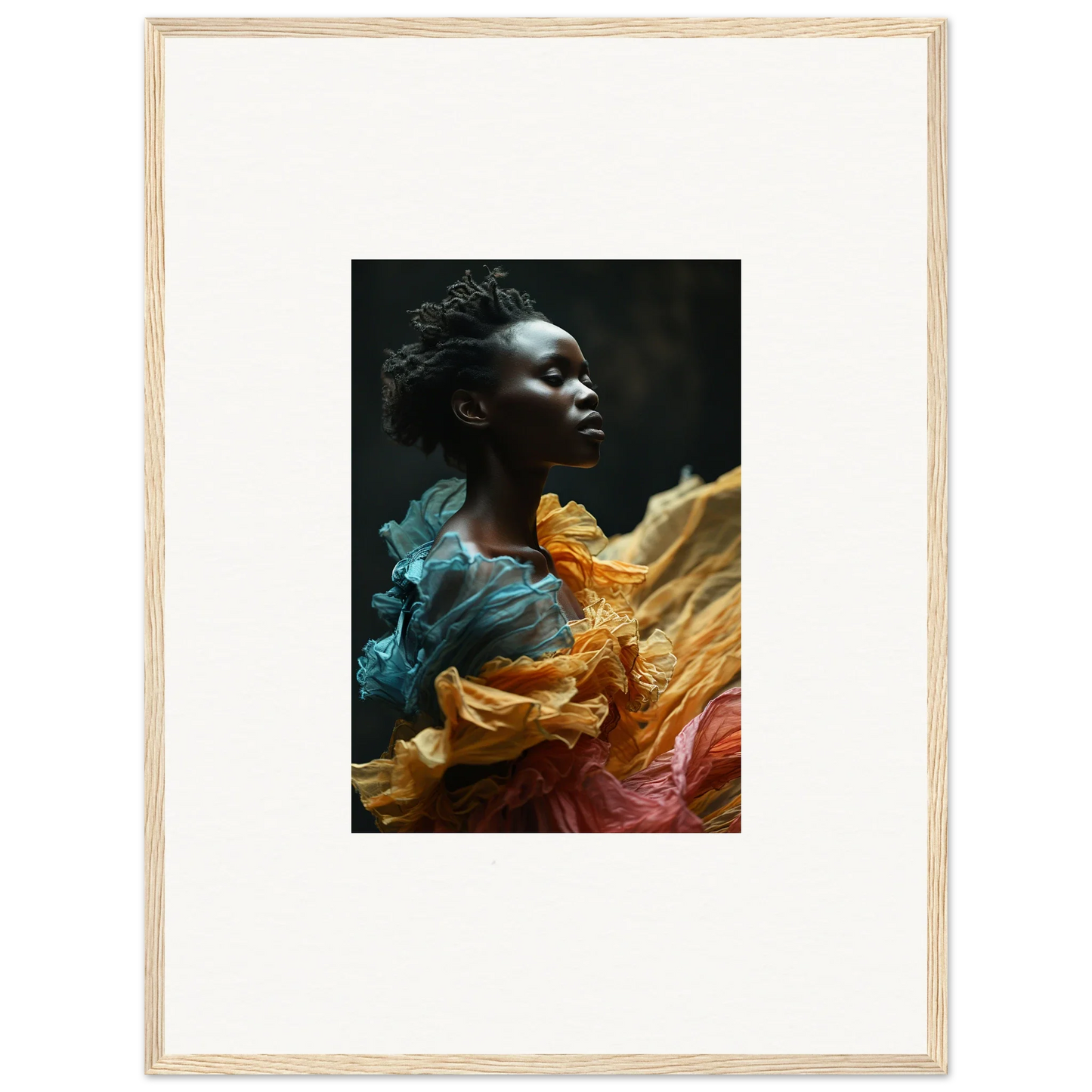 Portrait of a person with dark skin surrounded by vibrant, flowing fabric in teal, orange, and red hues.